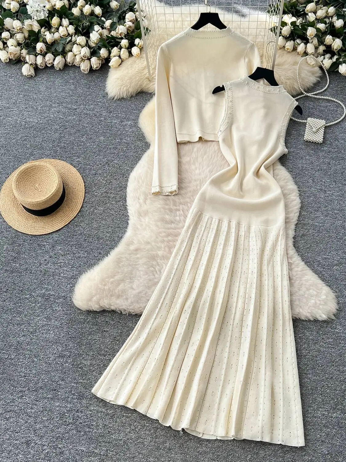 Women Vintage Knitted Two Piece Sets Autumn Winter Nail Bead Round Neck Sleeveless Dress Long Sleeved Cardigan Jacket Outfits image 4