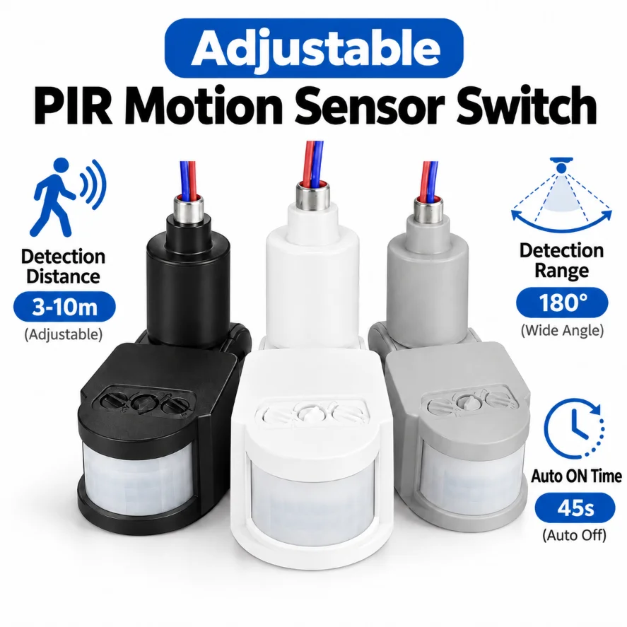 PIR Motion Sensor Switch Adjustable 3-10m Detection Infrared Human Motion Detector Auto on Off Timer for Outdoor Indoor Lighting