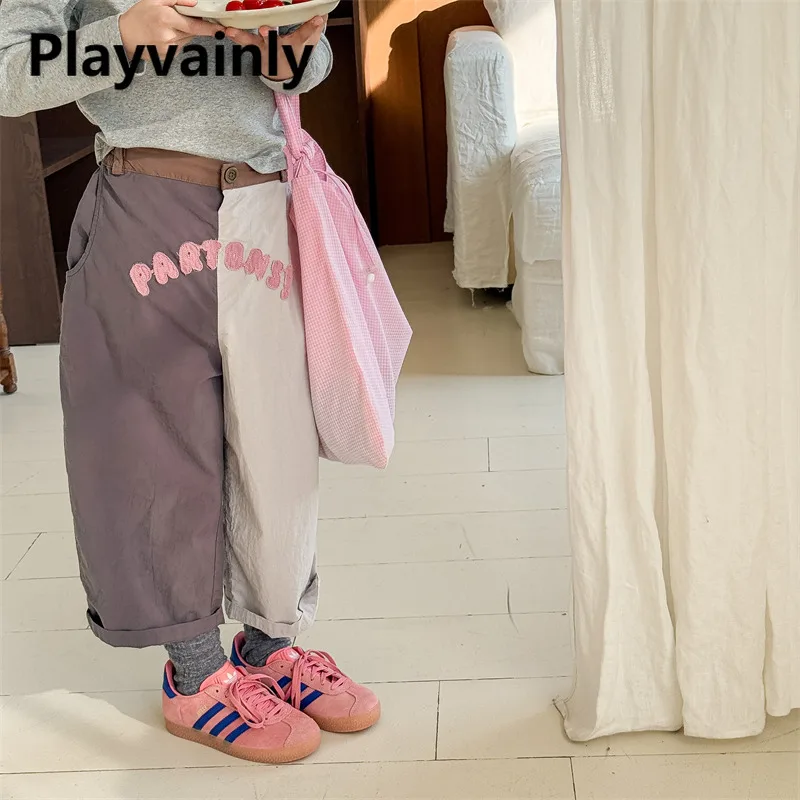 

Children Korean Style Patchwork Color Letter Casual Pants Boy and Girls Loose Wide Leg Trousers for Spring and Autumn A6110