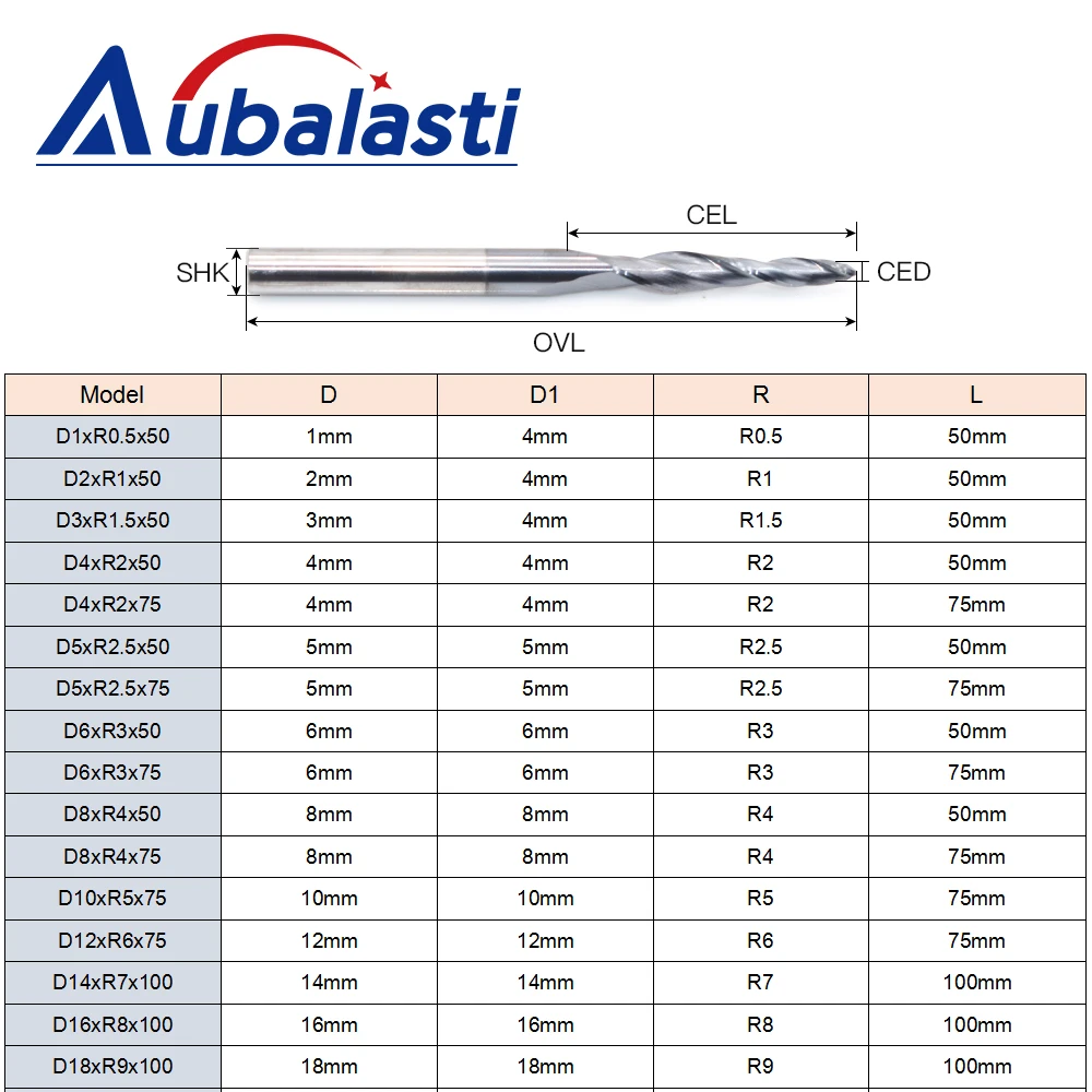 

Фреза коническая шаровая Aubalasti HRC60 из цельного карбида вольфрама с покрытием, конусная, для ЧПУ, D4-D10мм, для гравировки