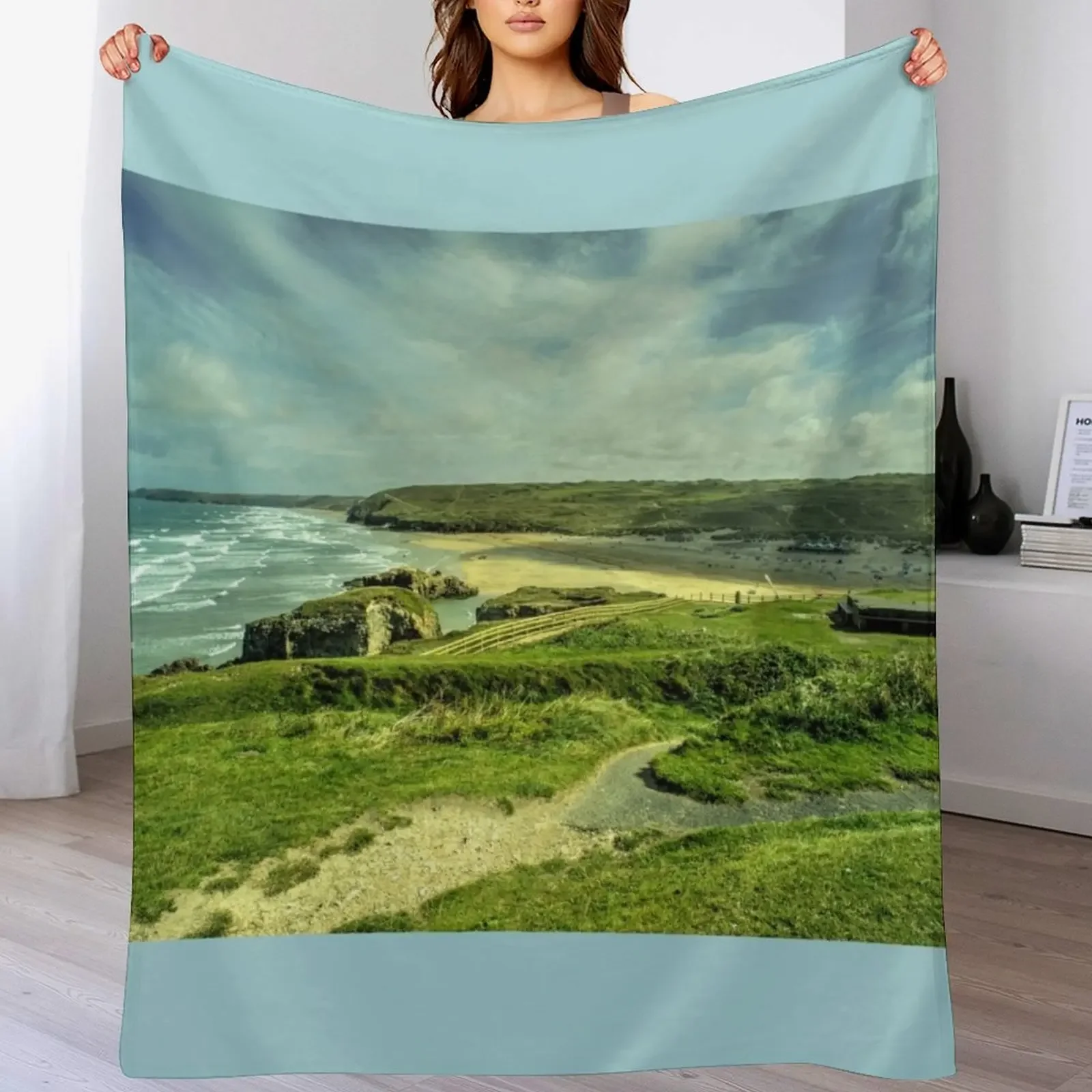 

Perranporth Headland Throw Blanket Soft Plush Plaid Custom Plaid on the sofa Beach Blankets