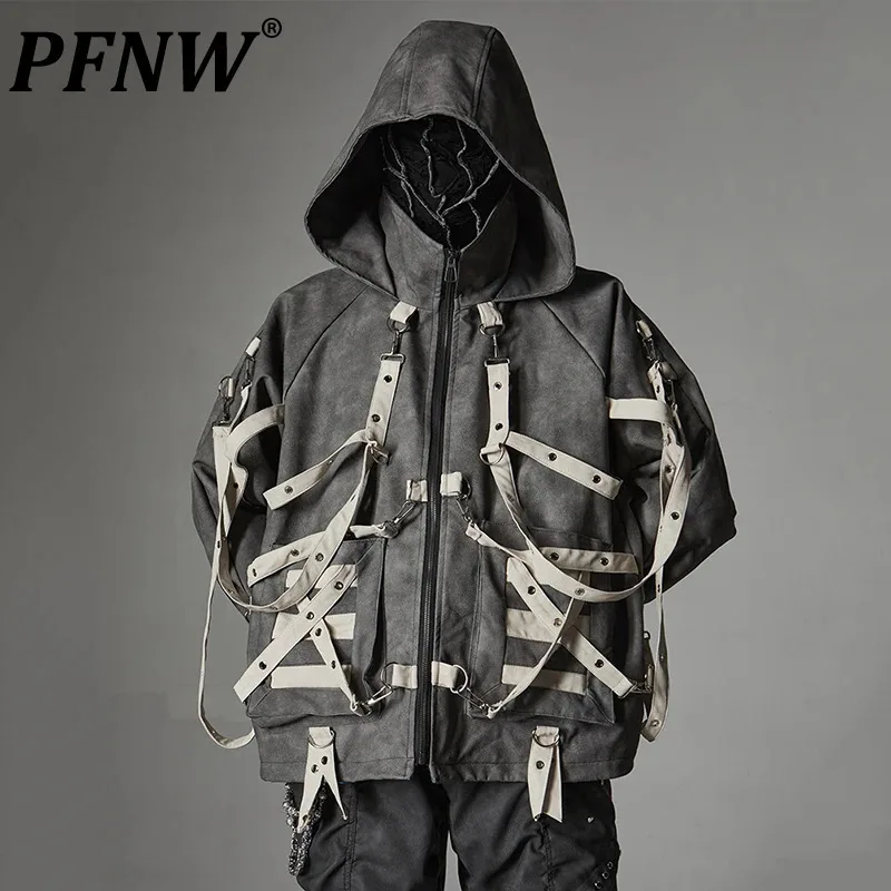 

PFNW Punk Style Men's Jackets Multi-pockets PU Leather Contrast Color Ribbon Hooded Loose Male Trend Coats Autumn 2024 12C774