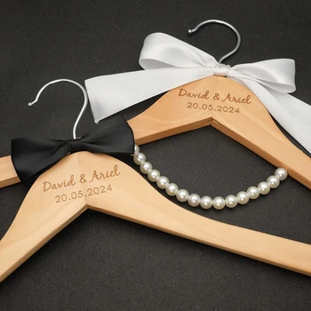 Personalised Wedding Hanger Custom Wedding Dress Hanger Bridal Hanger Engraved Names and Date Wood Hanger Bridal Shower Gifts