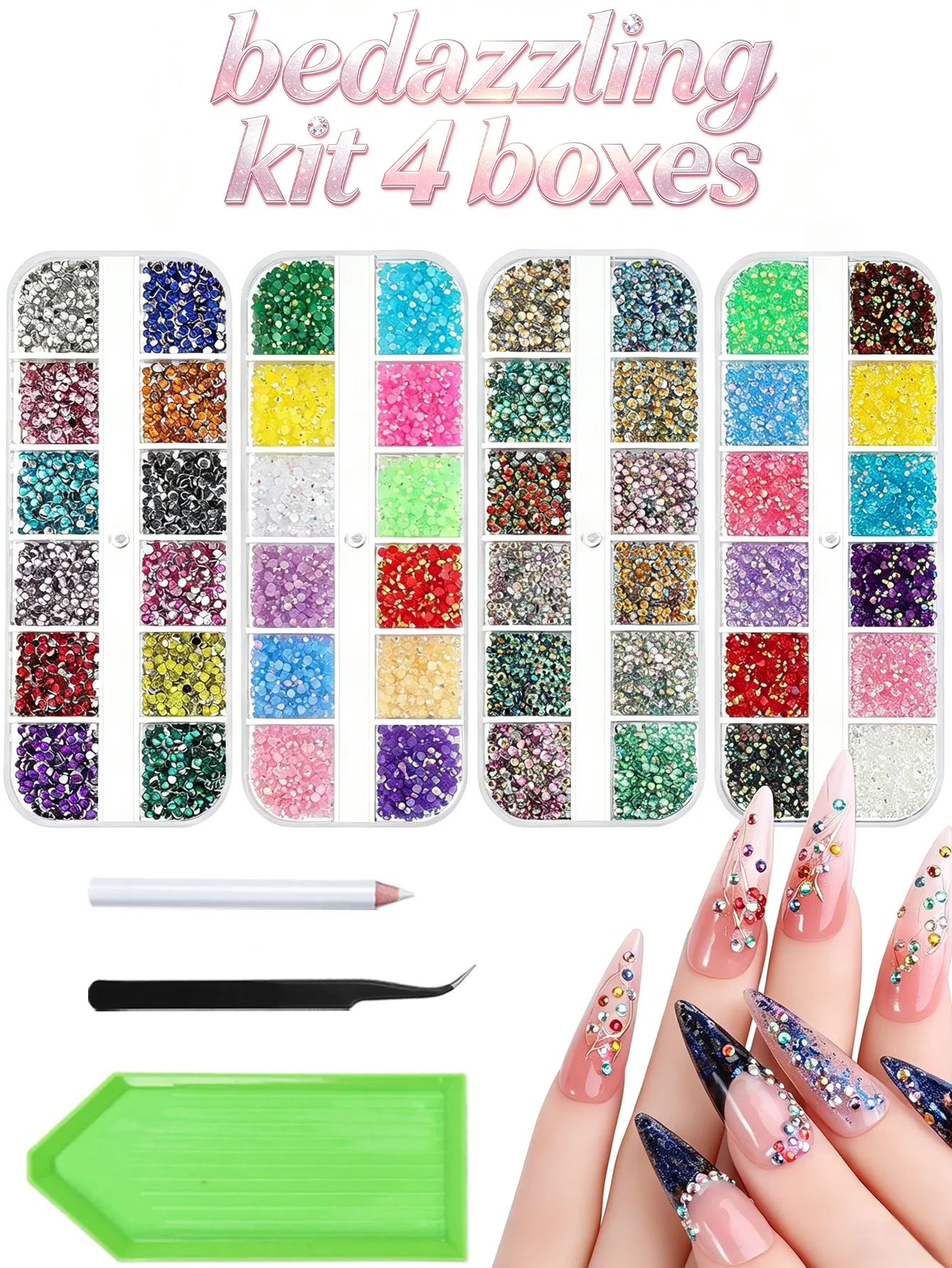 Bedazzling Kit Rhinestones 3mm Small Gems 4 Boxes 48 Colors Bedazzler Kit for Kids Picker Wax Pen Tweezers Crafting Nail Art