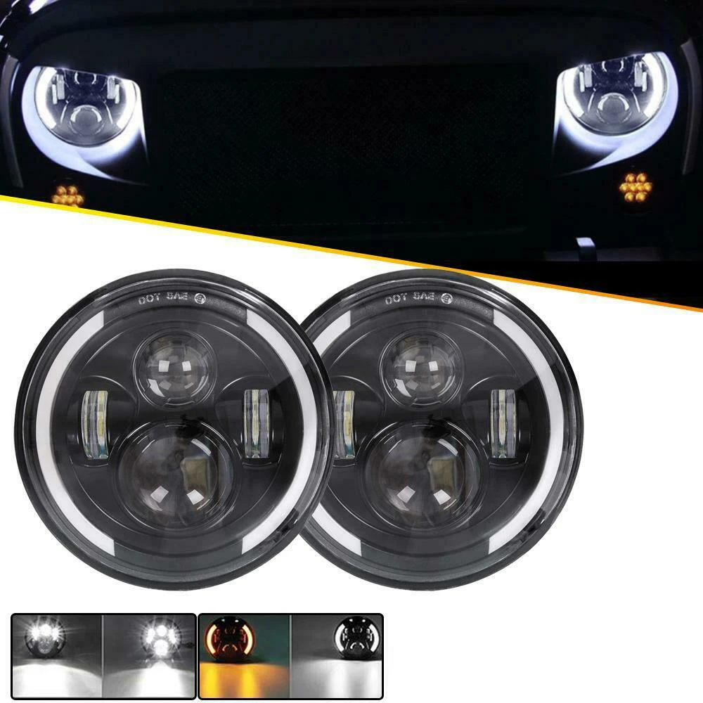 Coppia 7 pollici rotondi 200W LED faro Halo Angle Eyes DRL indicatore di direzione per Jeep Wrangler JK LJ TJ CJ97-18