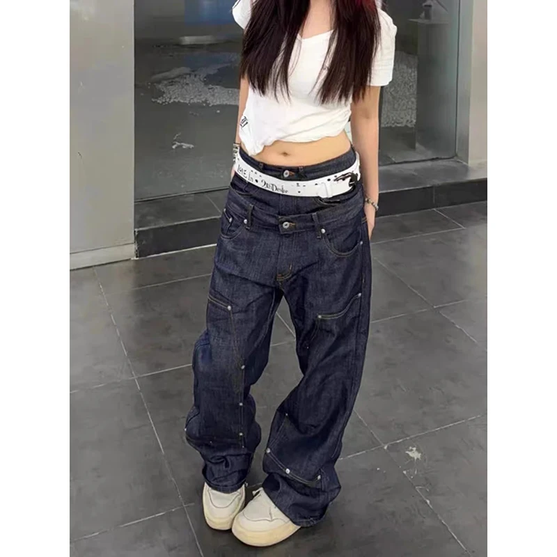 ZHIZOU Vrouwen Donkerblauw Gothic Baggy Y2k Jeans Amerikaanse jaren 2000 Stijl Jean Broek Vintage Harajuku Oversize Denim Broek Herfst