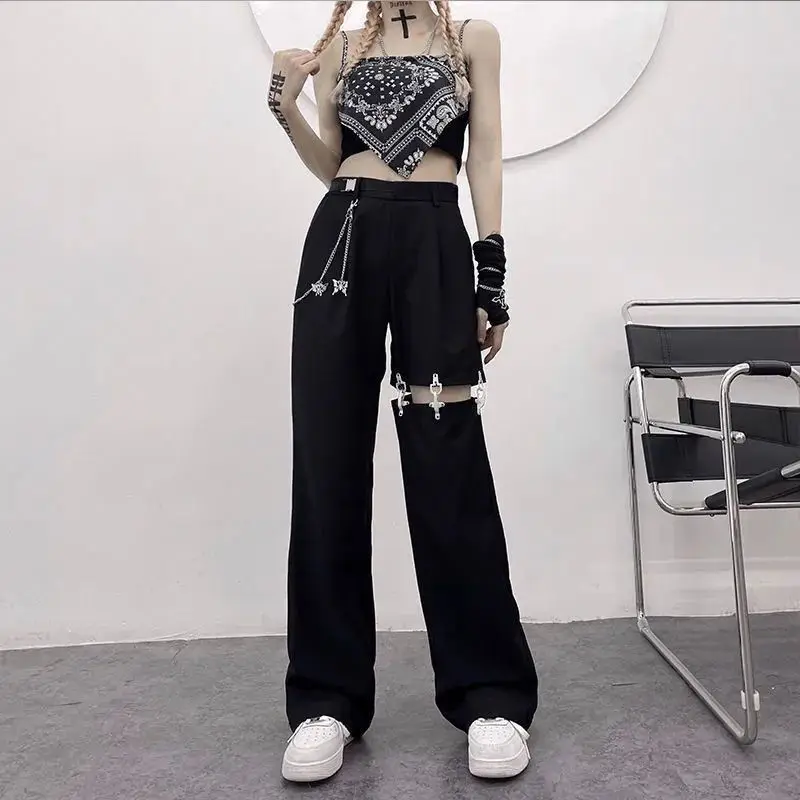 Chain Hollow Out Wide Leg Pants Casual Pants 2024 Women's Summer Retro Design Thin Chiffon Pants Loose High Waist Straight Pants