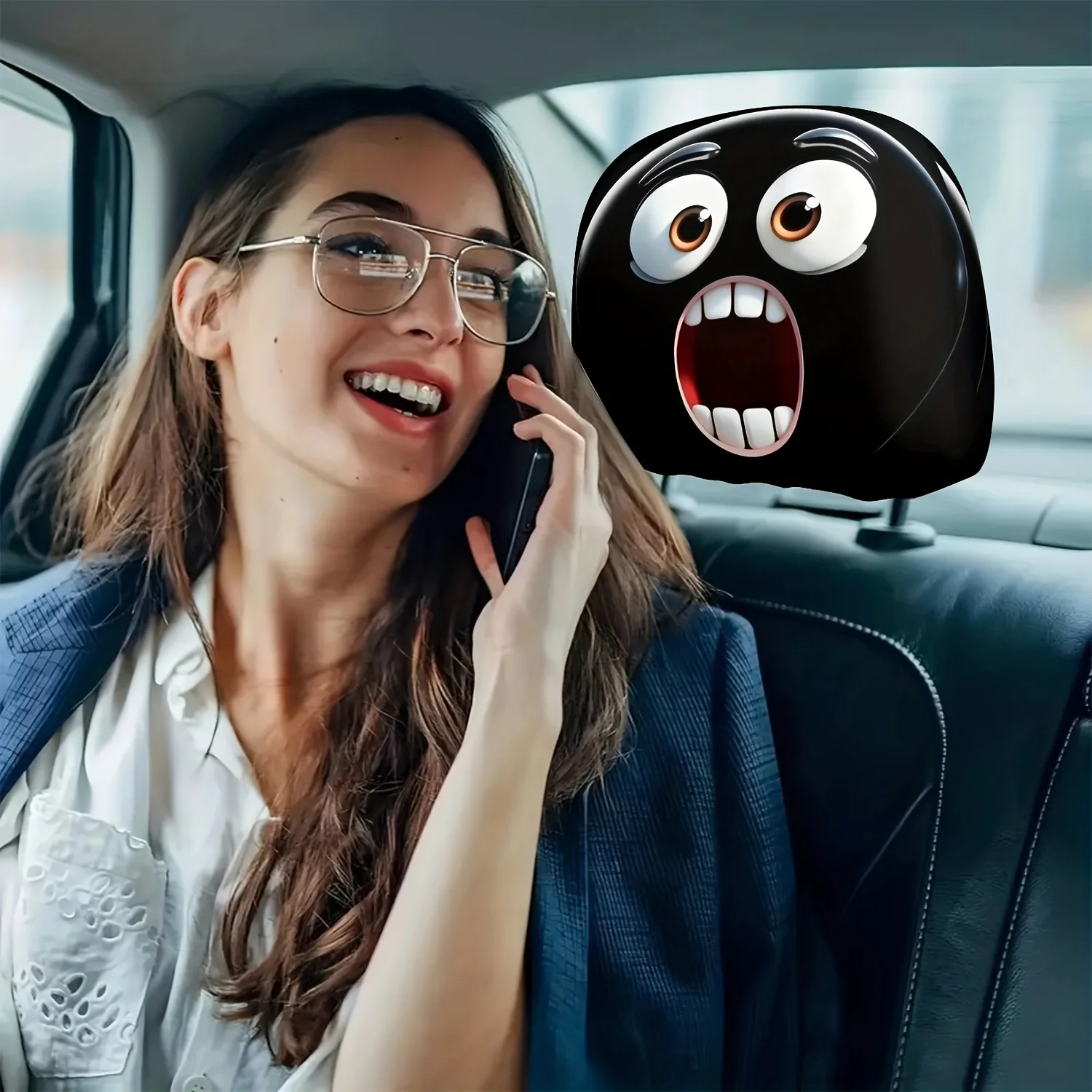 2pcs Terrified Expression: Cartoon Character Theme Printed Car Seat Cushion Headrest Neck Pillow Cover