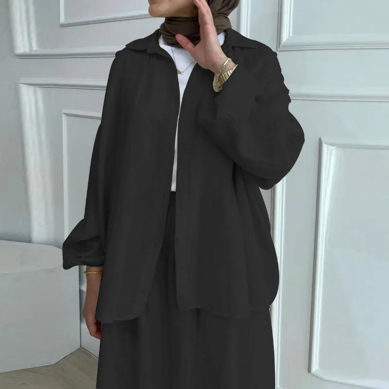 

2025 New Muslim Suit Solid Color Islam Abayas for Women Middle East Shirt Skirt Fashion Casual Suit