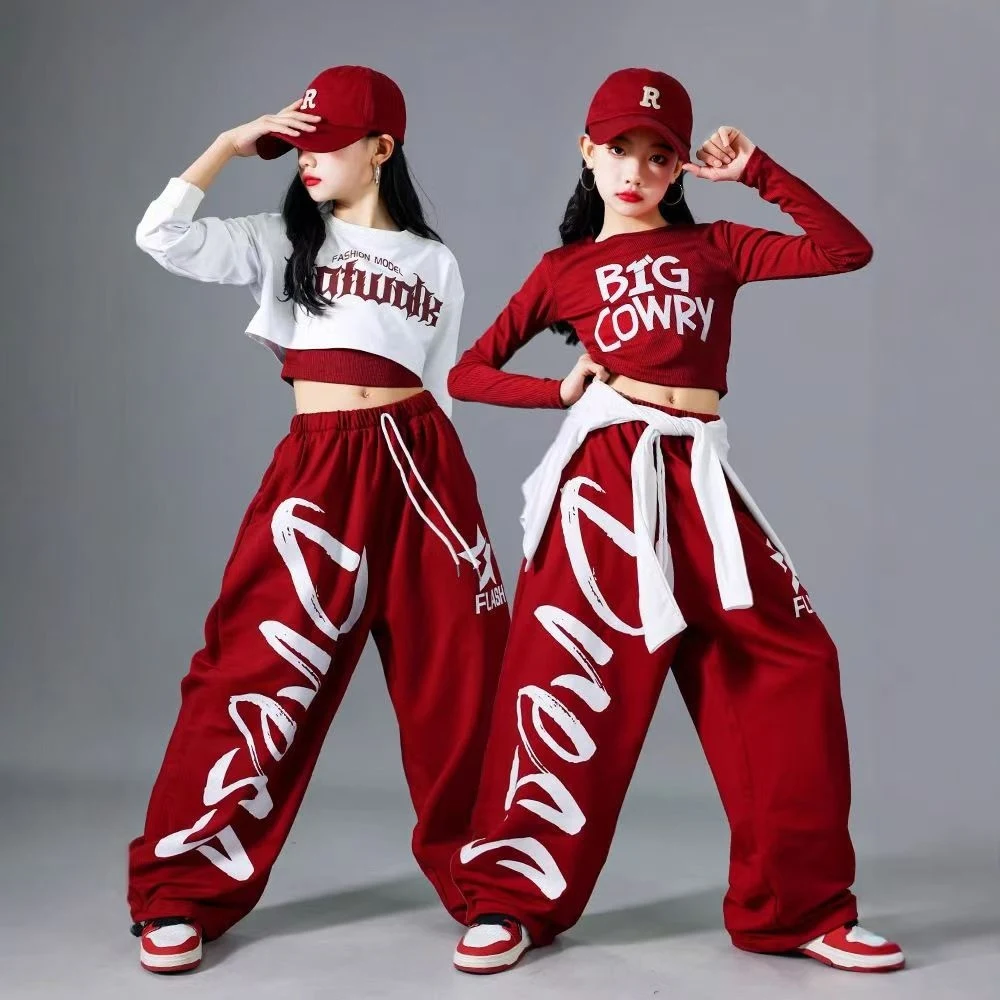 Children Street Dance Wear Girls Red Hip Hop Dance Suit Kids Jazz Kpop Stage Outift Casual Clothes Long Sleeve Tops Pants 2290