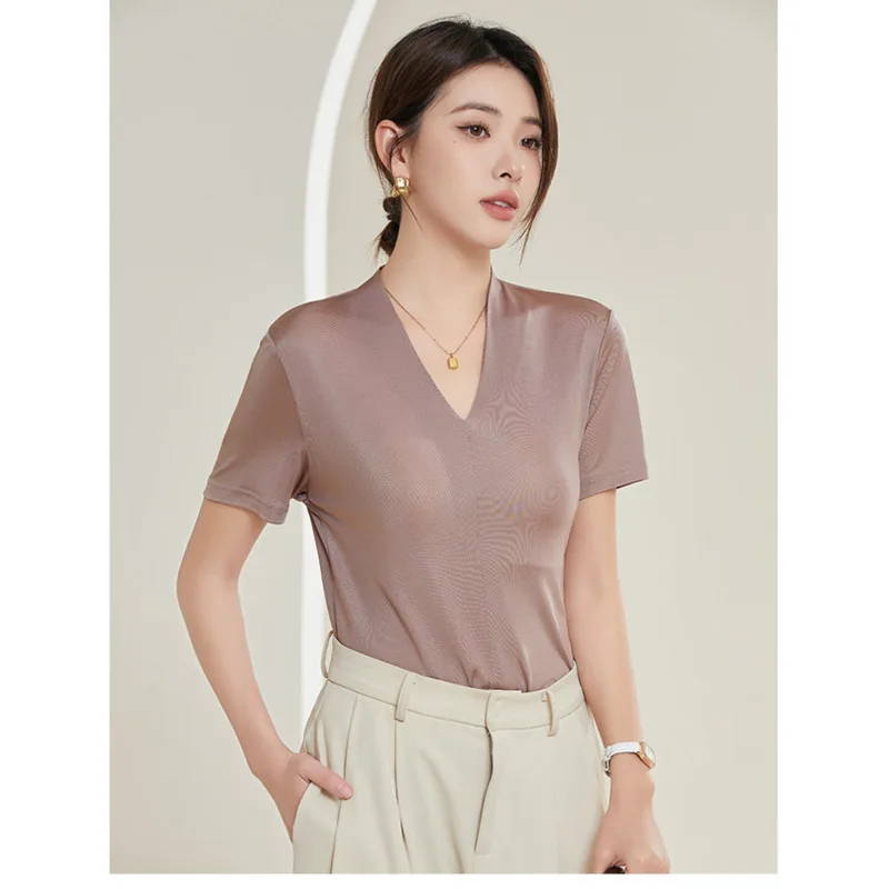 Summer Mulberry Silk Seamless T-shirt Women Double Layered V-neck Short Sleeve Soft Tops