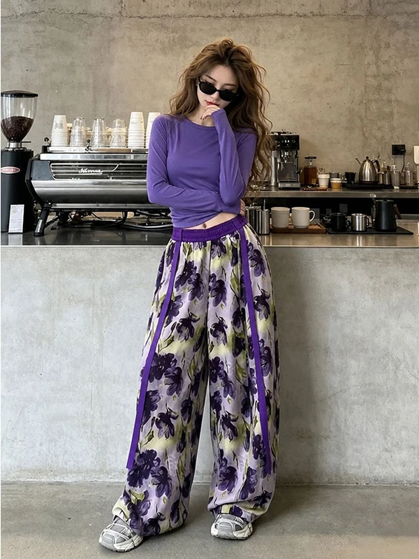 Stunning Purple Floral Print Two-Piece Set Women's Elegant Slim Fit Top with Sash Wide Leg Pants Autumn Fashion Ensemble