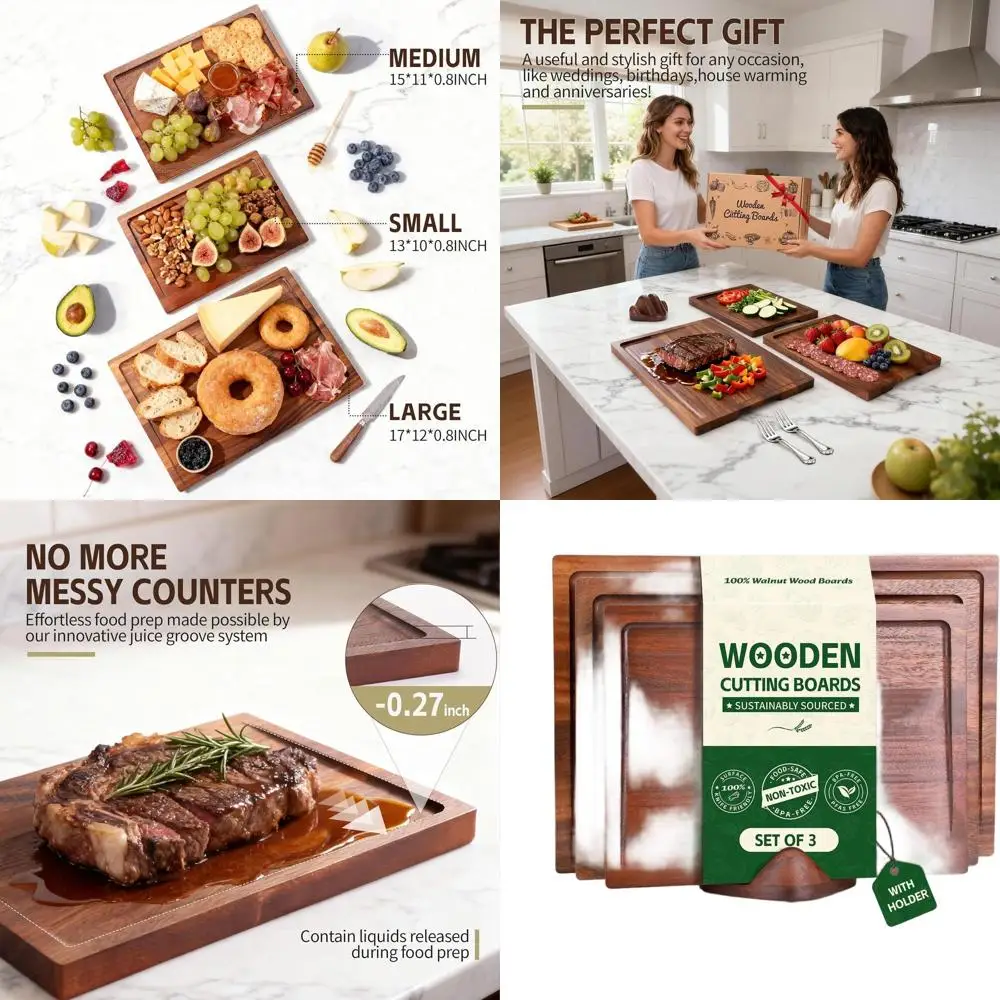 

3-Piece Walnut Chopping Board Set with Holder, Deep Grooves, Non-Toxic, Ideal Mother's Day Gift