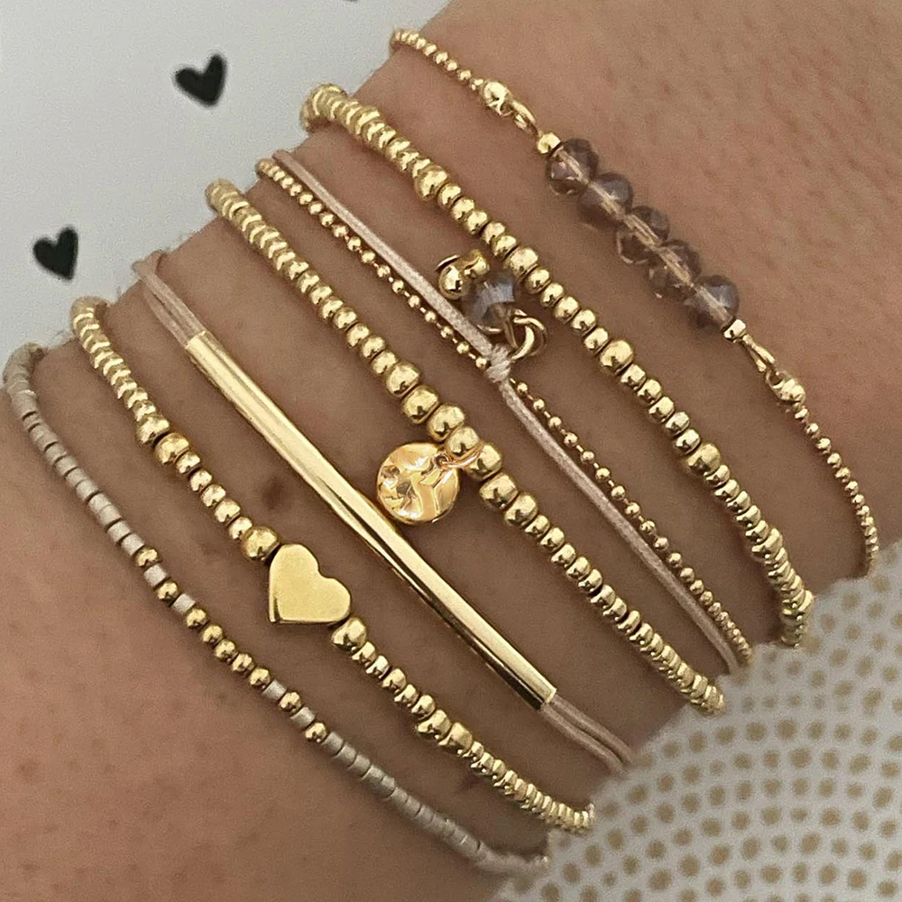 7Pcs/Set Bohemian Style Heart Beads Round Pendant Adjustable String Beads Bracelet CCB Elastic Bracelet Set For Women image 2