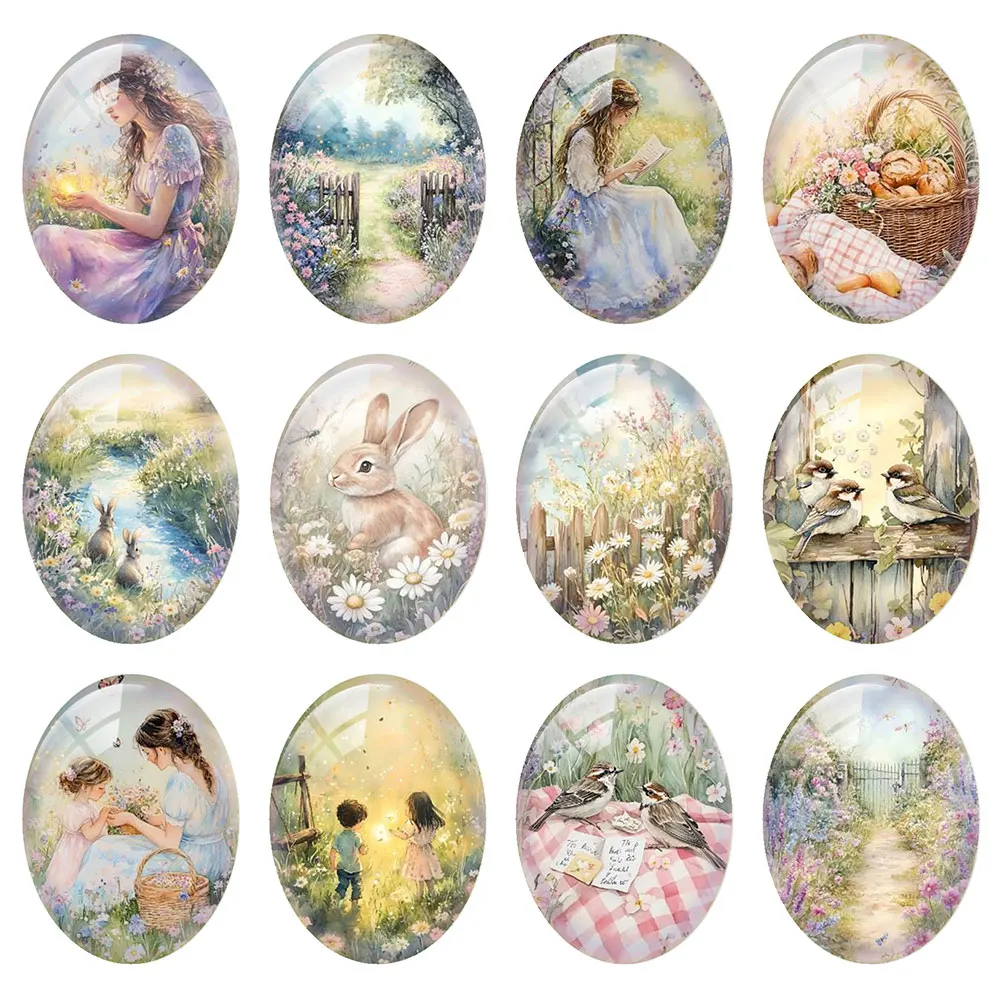 Random Mixed Round/Oval/Square Spring Rural Watercolor Flower Photo Glass Cabochon Flatback Demo Cameo For Diy Jewelry Making