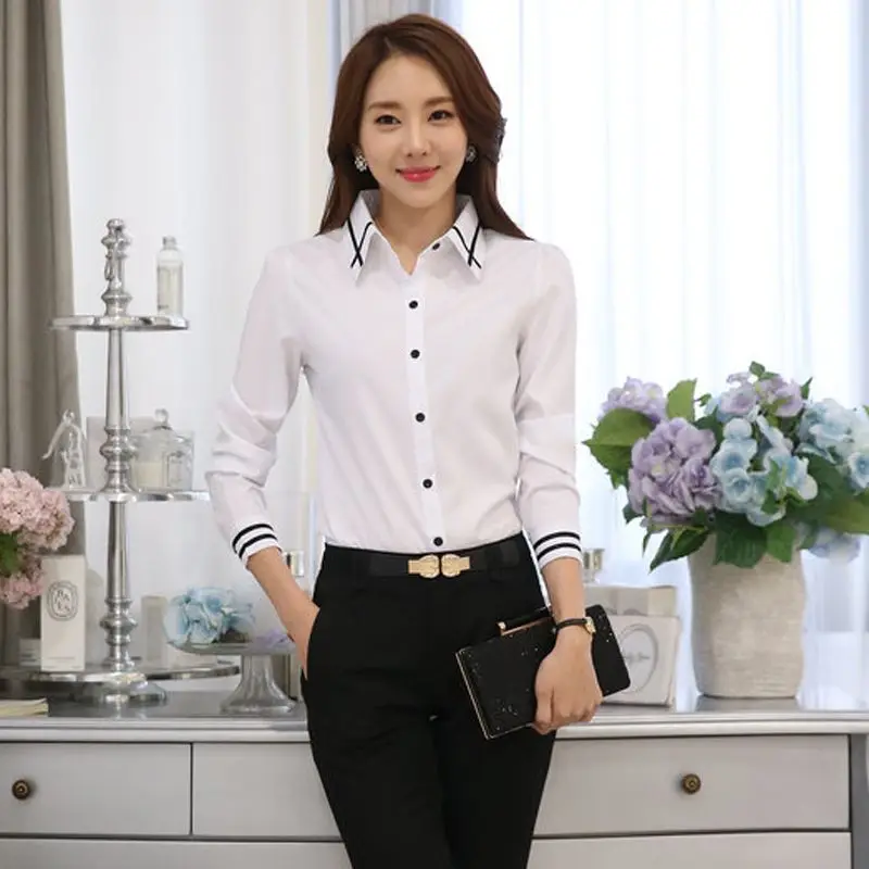 Spring Summer New White Slim Shirt Tops Polo Neck Long Sleeve All-match Plus Size Blouse Fashion Office Women Clothing