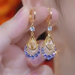 A Pair Purple Water Drop Crystal Long Tassel Earrings for Women Fashion Light Luxury Pendant Earrings Wedding Party Jewelry Gift