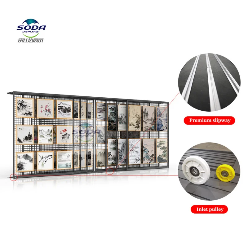 custom.Custom Modern Horizontal Sliding Anti-Rust Metal Art Display Racks Oil Paintings Freestanding