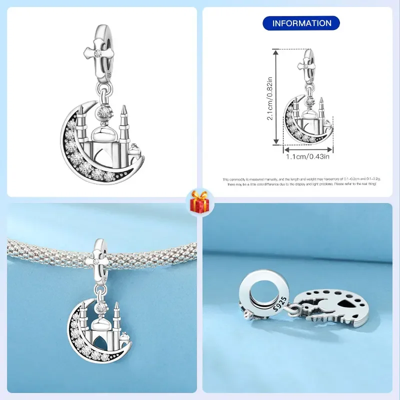 Symbols Beads 925 Sterling Silver Mosque New Moon Castle Cross Pendant Charms Bracelets Jewelry Gift