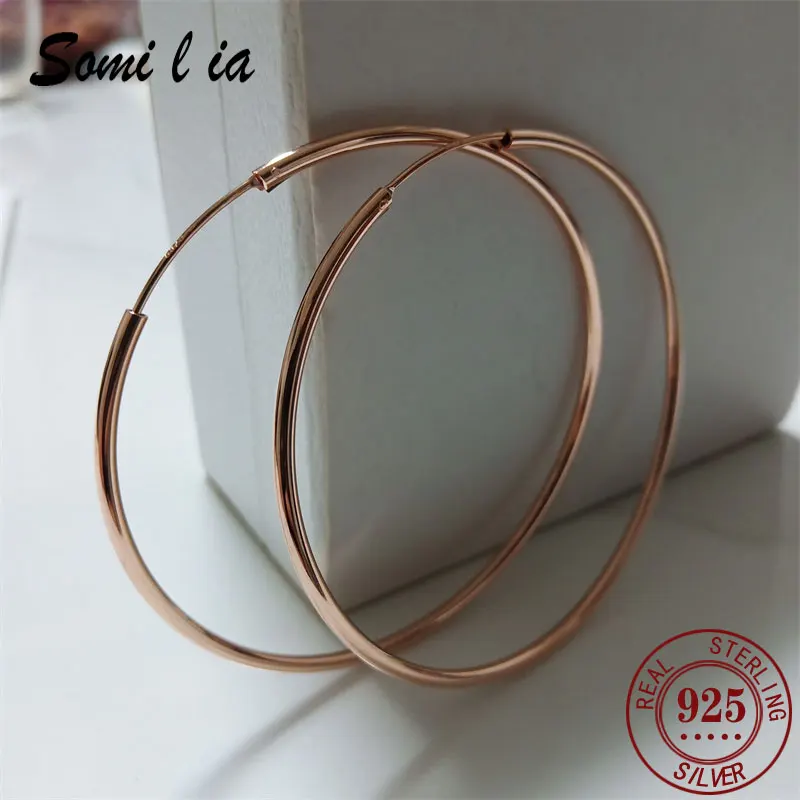 

SOMILIA New Rose Gold Big Hoop Earrings for Women, 925 Sterling Silver Jewelry Female Fashion Women Earrings 40-70mm For Gift222