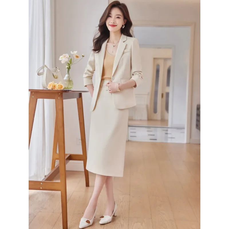 2024Elegant Women Skirt Suit Autumn Winter Black Apricot Pink One Button Business Office Lady Formal Blazer Jacket 2 Pieces Set