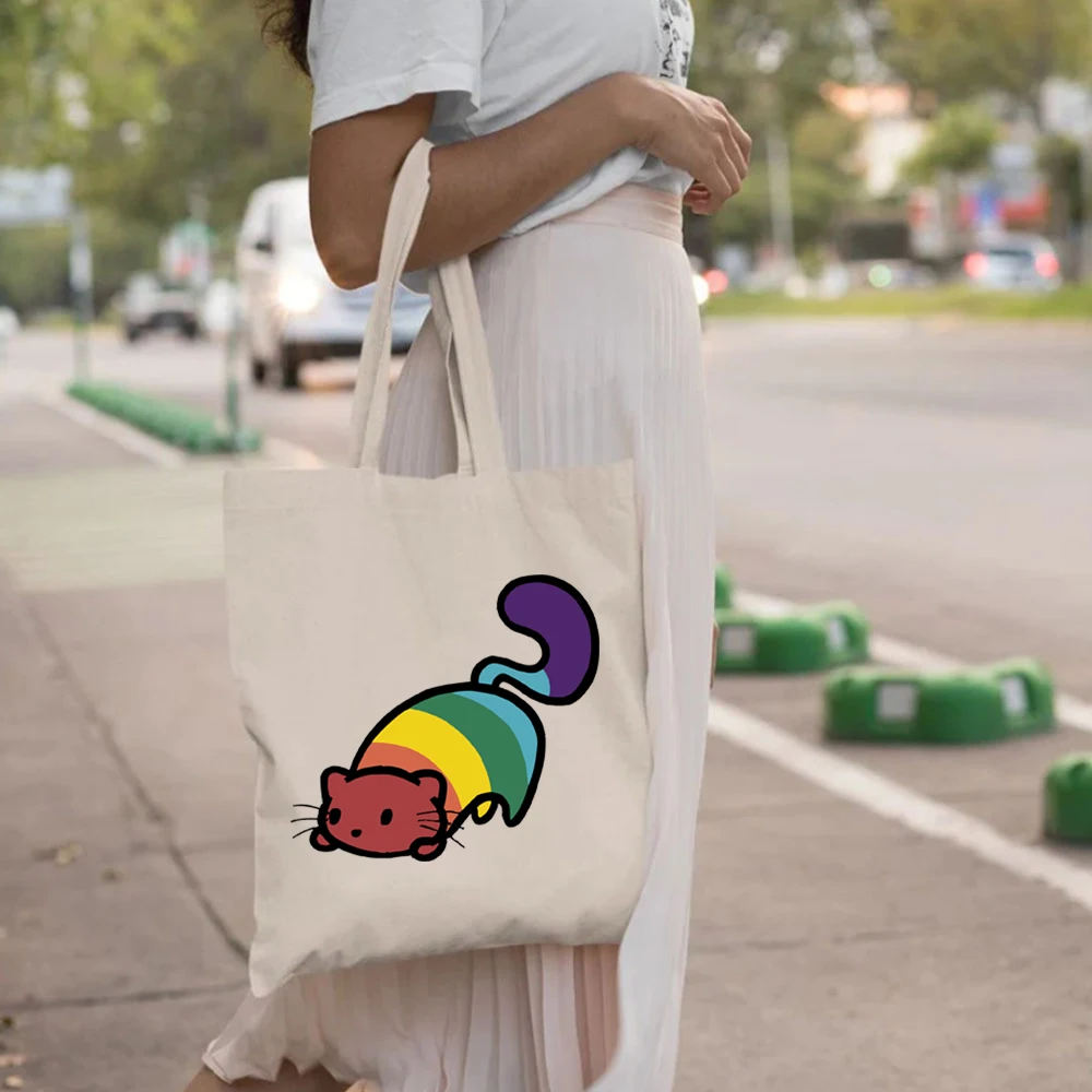 Tas Tote Purride kucing pelangi Super lucu bendera LGBT Gay Pride bulan motif Lesbian tas bahu wanita tas kanvas kapasitas besar