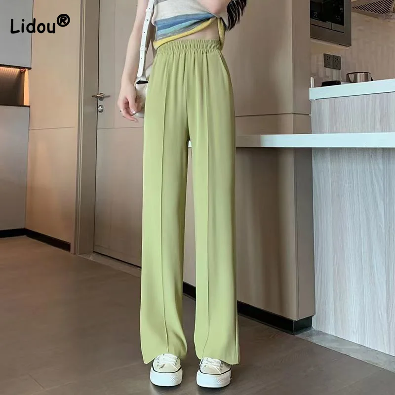 Summer Thin Ice Floss Pleated Pea Green Wide Leg Trousers Women Fashion Korean Elastic High Waist Drape Mop Straight Pants