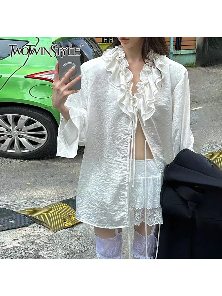 

TWOTWINSTYLE Solid Spliced Fungus Folds Casual Blouses for Women V Neck Long Sleeves Patchwork Lace Up Blouse Female Clothes New
