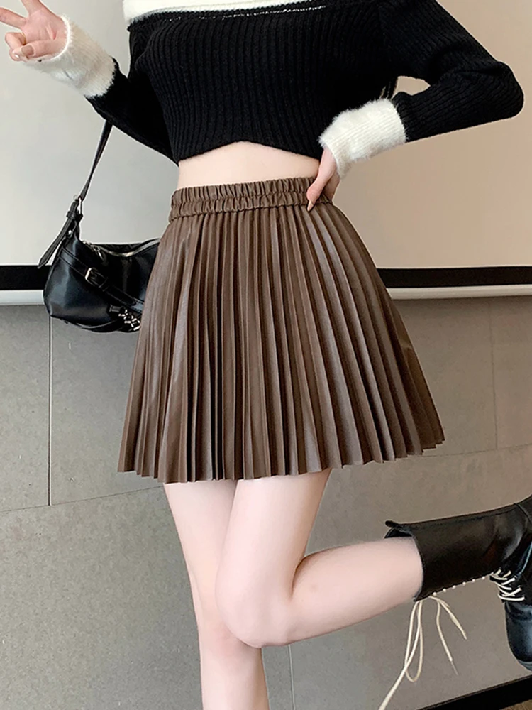 Jmprs Vintage Pu Y2K Pleated Skirts Women High Waist Sexy Mini Skirts Korean Fall Winter Female All Match Streetwear Skirts New