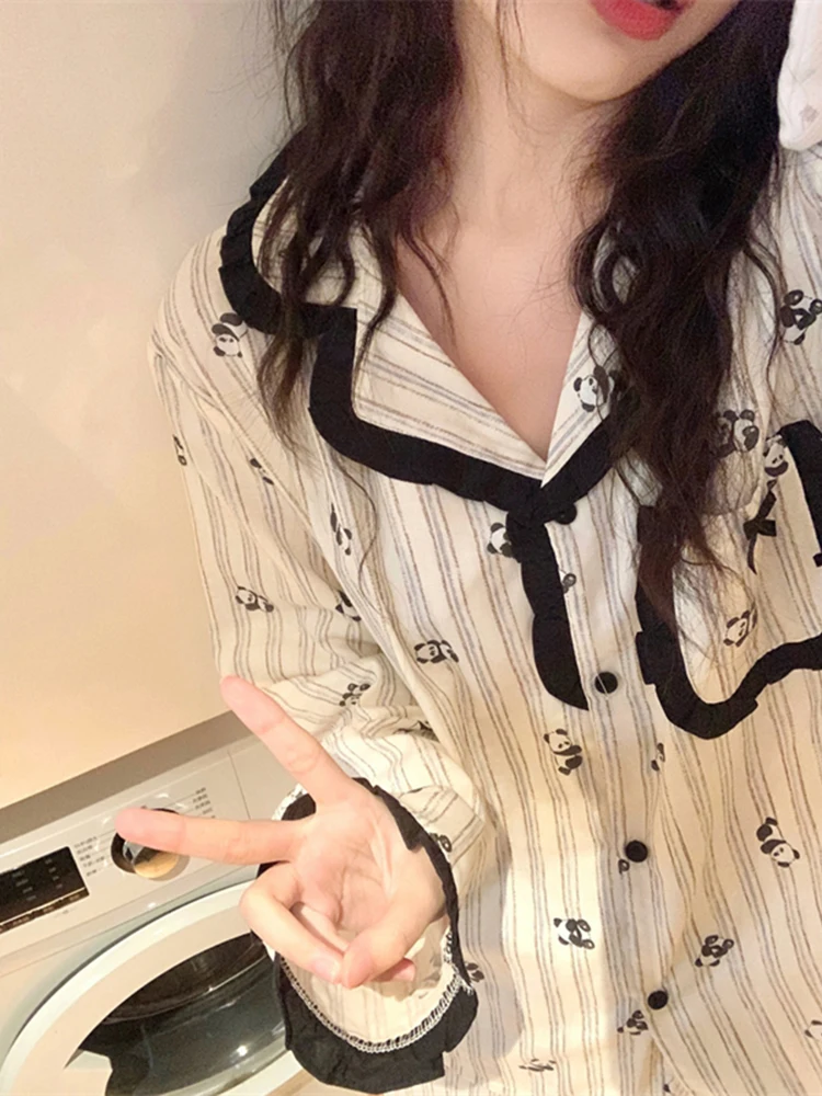 Korean Original Cute Cartoon Pure Cotton Long-sleeved Pajamas Summer New Sweet Girl Lace Print Striped Skin-friendly  Loungewear