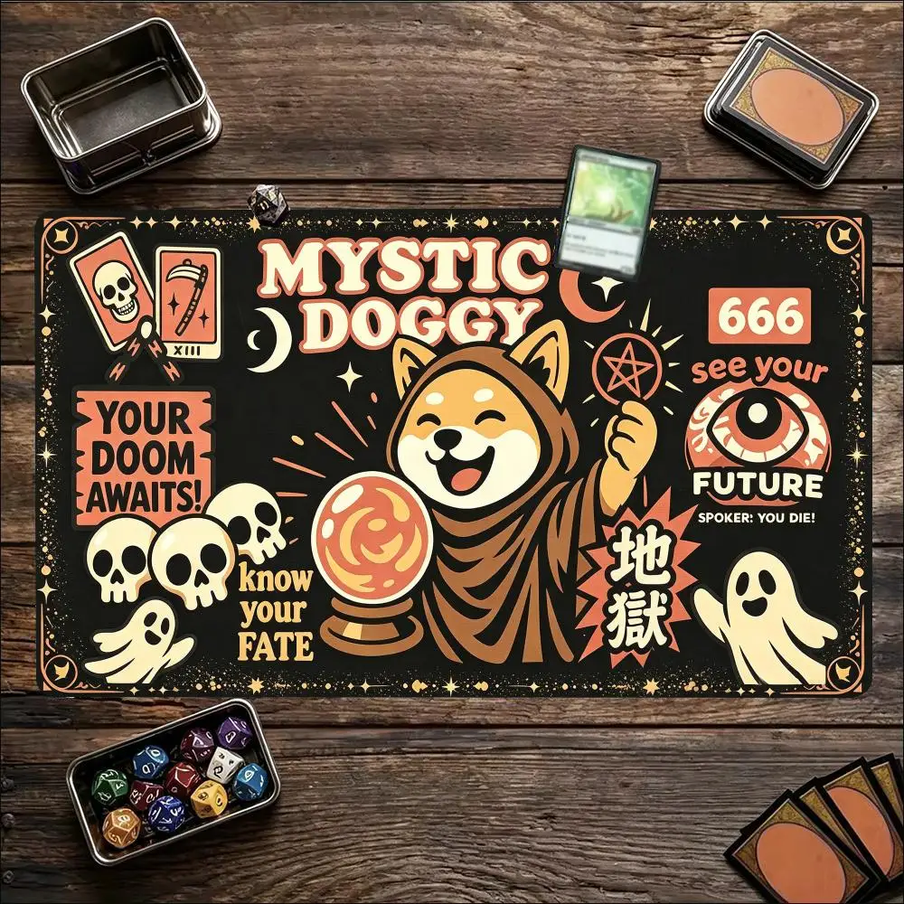 Mystic Doggy Tarot Style MTG Playmat Trading Card Game TCG Play Mat Magic Non-Slip Durable Stitched Edge Magic Card Mat Mousepad