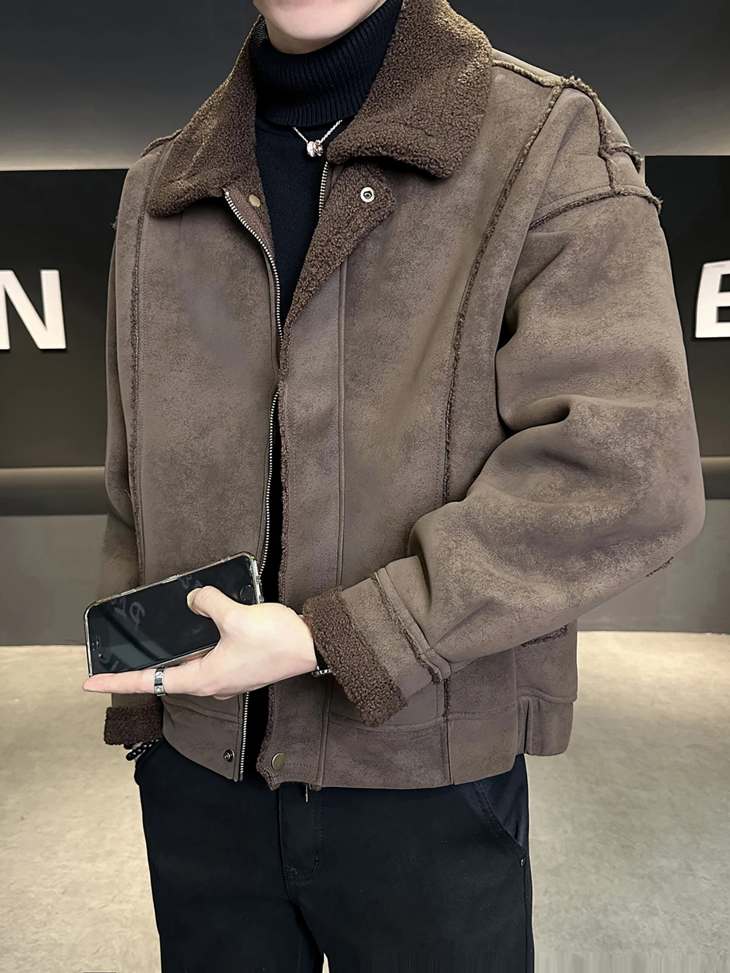 

Men's Thiened Fce Lined Casual Loose American Retro Leather Jaet Autumn Winter New Sle Faion Brand PU Leather Coat