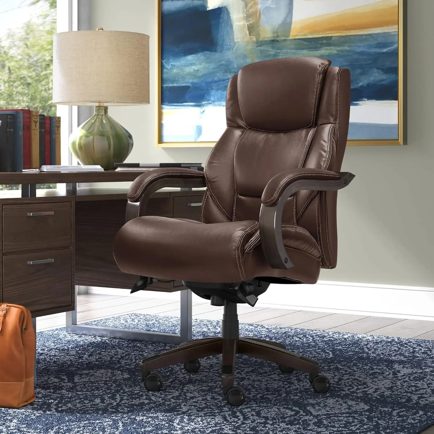 Executive Office Chair | High Back Ergonomic Lumbar Support, Bonded Leather, Brown with Weathered Gra