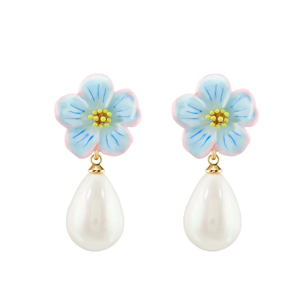 

New French Light Luxury Style Exquisite Blue Enamel Flower Water Drop Fake Pearl Earrings High-end Niche Design Unique Earrings