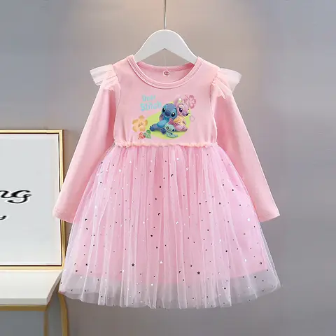 New Girls Dress Kids Clothes Autumn Long sleeves Disney Children Stitch Princess Dresses Baby Girl Cute Birthday Party Clothing