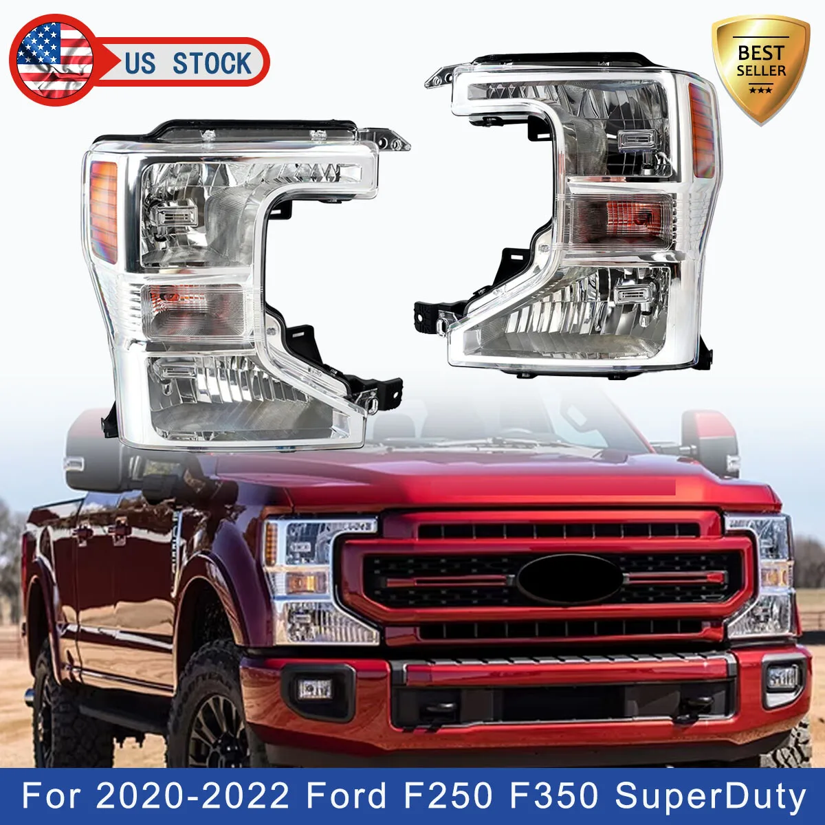 

FRONT HEADLIGHT For Ford F250 F350 Super Duty 2020 2021 2022 Halogen Headlights Headlamps Left Right Side Plug and Play DRL