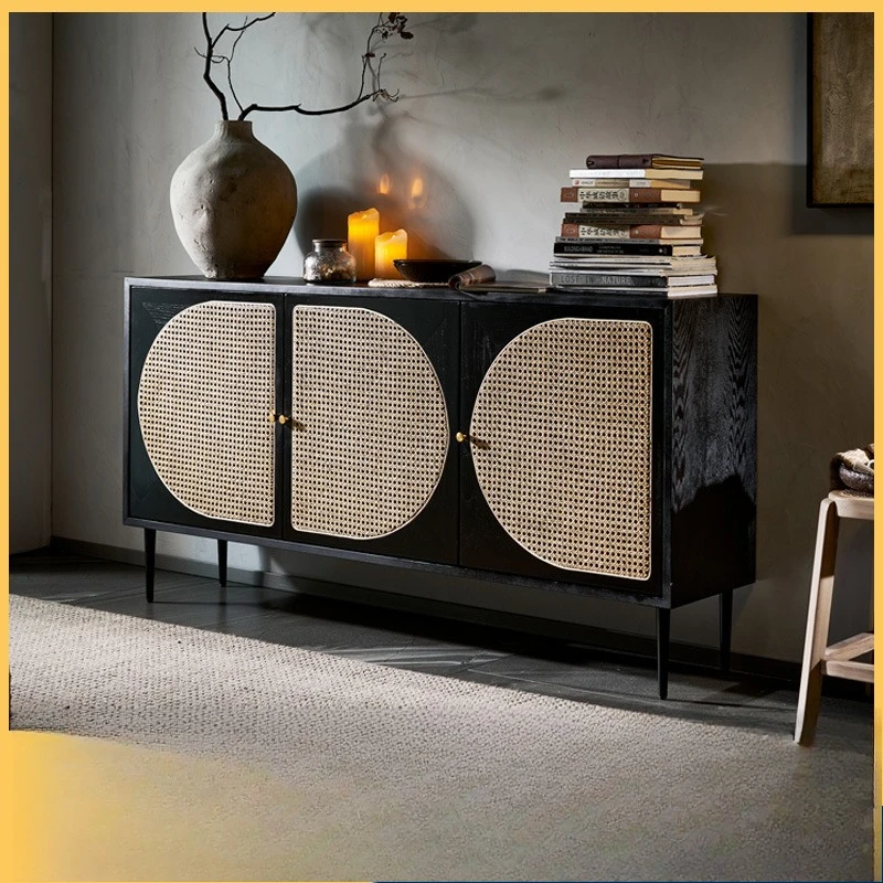 

Nordic solid wood rattan dining side cabinet small apartment living room kitchen cabinet tea locker modern foyer entrance cabine