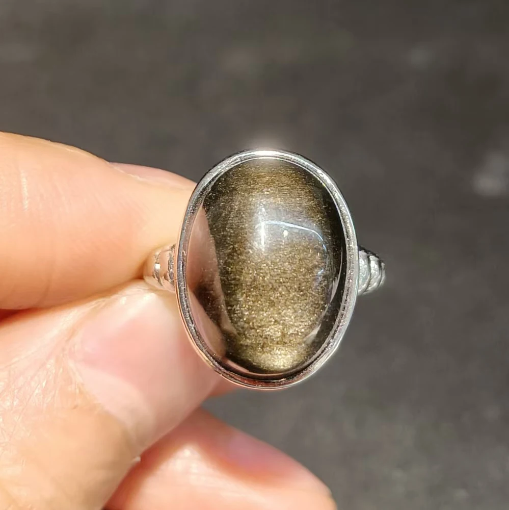 100% natural gemstone silver obsidian gold obsidian ring for men adjustable copper-plated silver rings jewelry gift