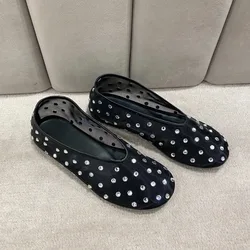 Single Shoe Women's 2026 Summer New Mesh Rhinestone Hollow Flat Shoes for Women Low Heel Ballet Shoes Pumps Ladies Flats Zapatos