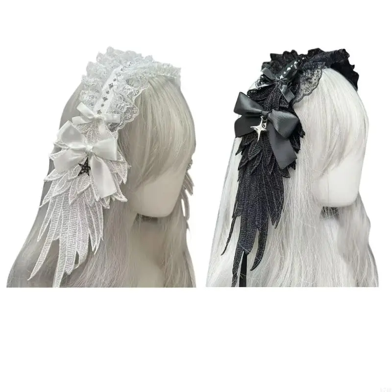 

L74F Punk Lace Angelic Wing Headband Anime Costume Star Pendant Headwrap for Parties
