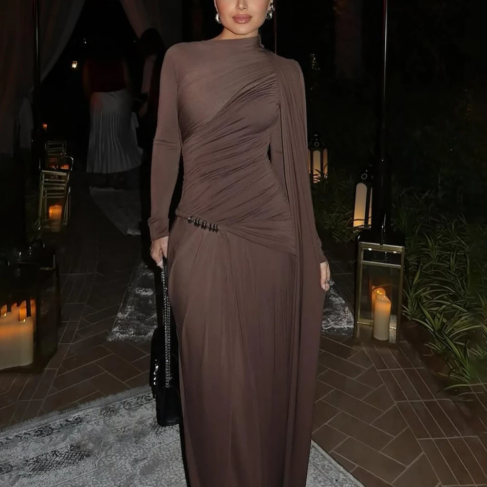 

Brown Evening Dress Customized High Neck Long Sleeves Pleat Mermaid Formal Party Dresses Floor Length Muslim Evening Gowns