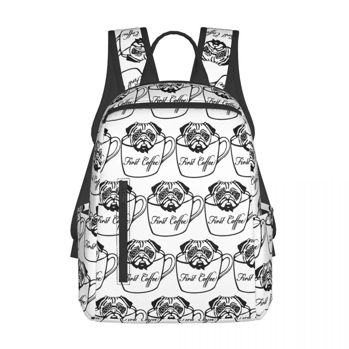 Pug First Coffee Backpack Daypack Large Capacity Boys Girls BookBag School Bag Shoulder Bags for Men Women