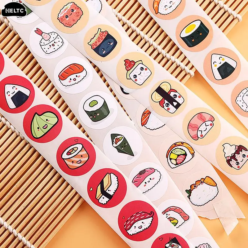 1Roll /500sheets Circular Cartoon Sushi Pattern Sticker Birthday Wedding Decor Sticker Baked Dessert Lunch Box Label Sticker