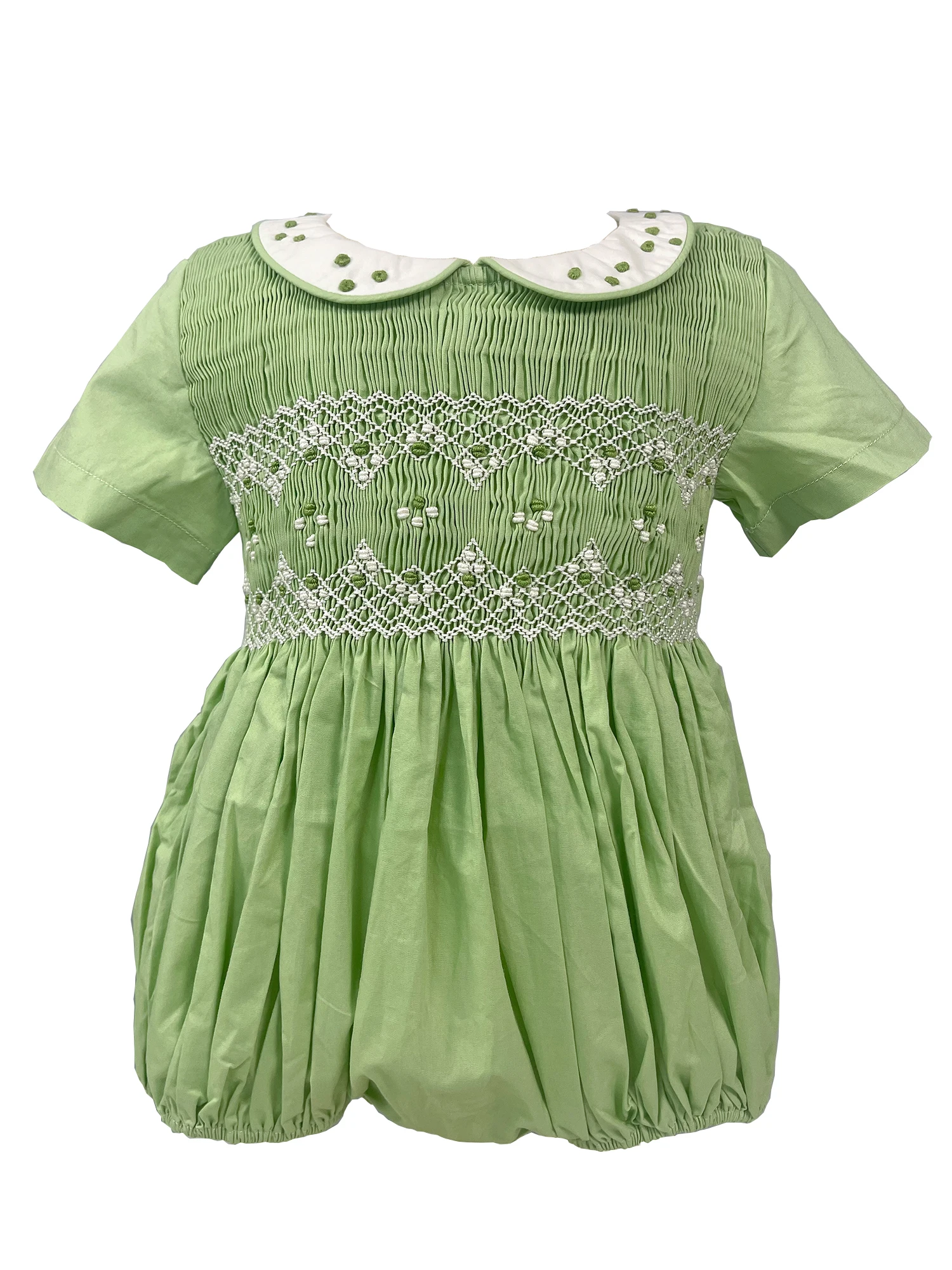 Summer Heavy Handmade Smocking Dress Bubble 2Pcs Set Green Cotton Embroidery Brothers Sisters Banquet Party Performance Clothing