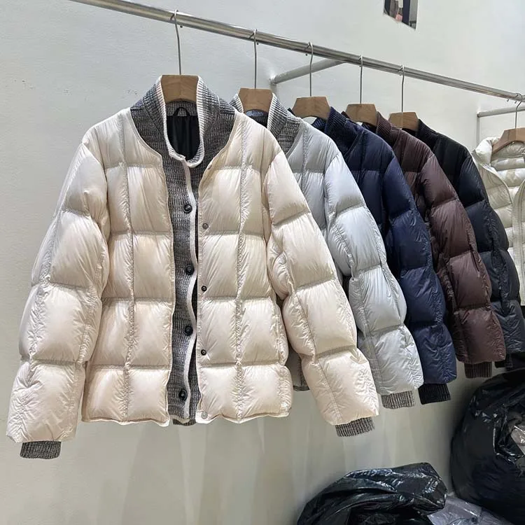 Luxury Knit patchwork down jacket for women 2026 Winter Thick warm turtleneck long sleeve puffer coat Korean style INKEO DJ668