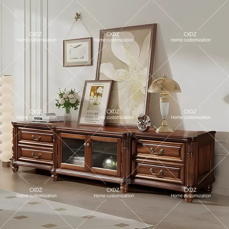 Solid Wood TV Cabinet for Living Room Audio Visual Storage Retro Floor Console Table Combination Unit Modern Home Furniture