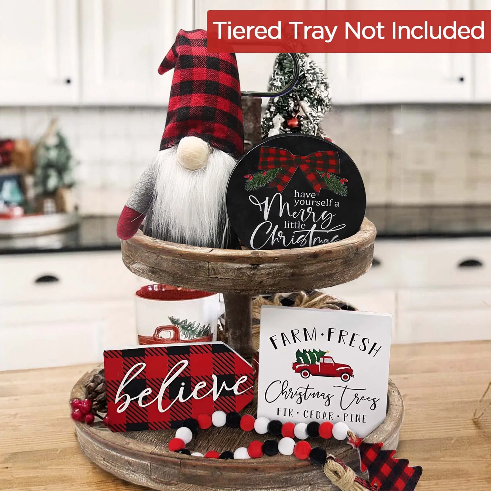 Farmhouse Christmas Tiered Tray Set Plaid Gnomes Plush Set Art Galleries Country Decor Suitable for Home Room Tabletop