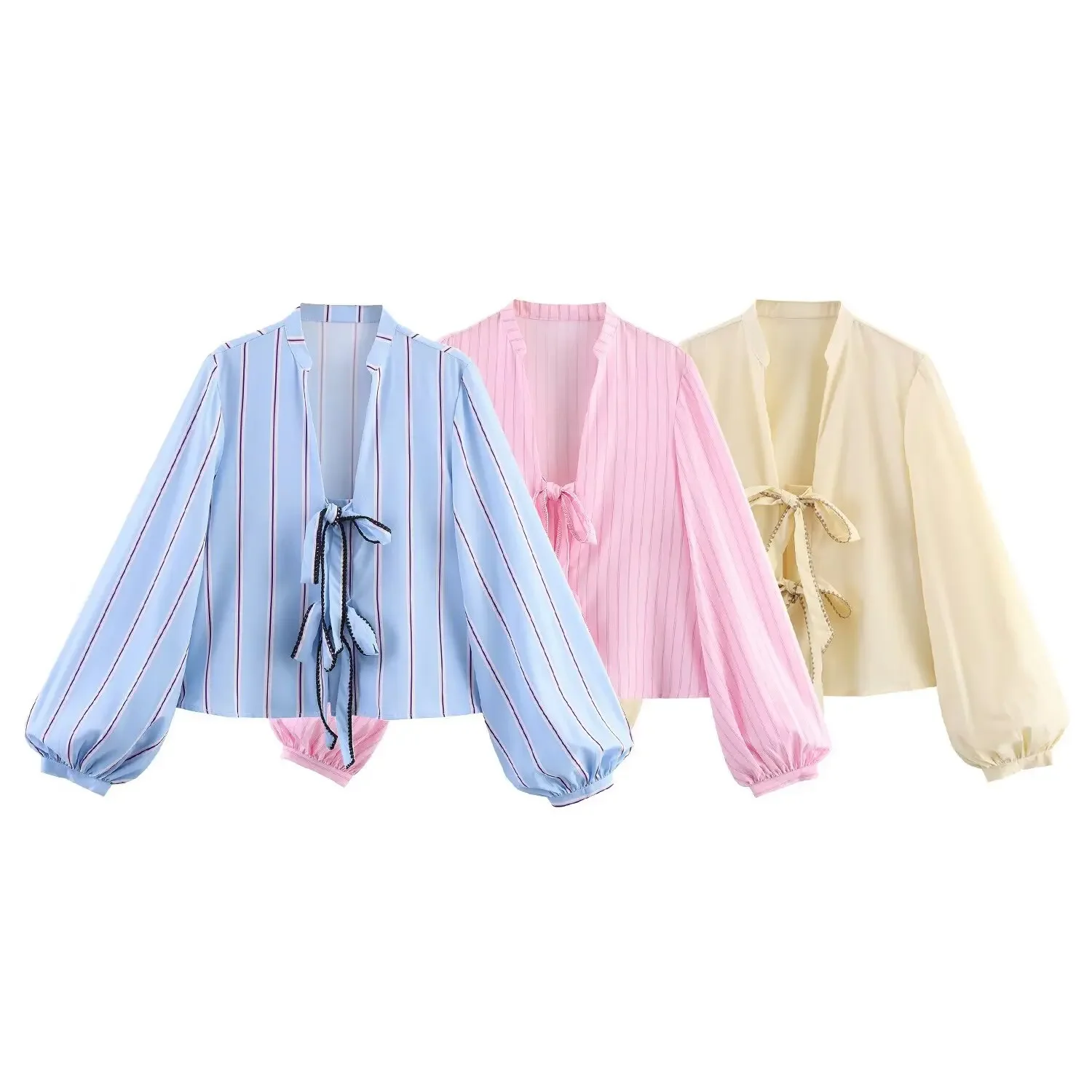 

2025 Spring Blouse Cut Out Women's Stripe Shirts Woman Cropped Tie White Blouse Long Sleeve Top Bow Lace-Up Tops For Woman