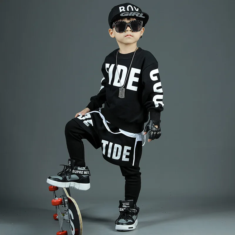 Kids Streetwear Fashion Hip Hop Sets Sweatshirt Pants Boys Girls Children Stage Show Clothing Autumn Spring Sweatpants Tracksuit