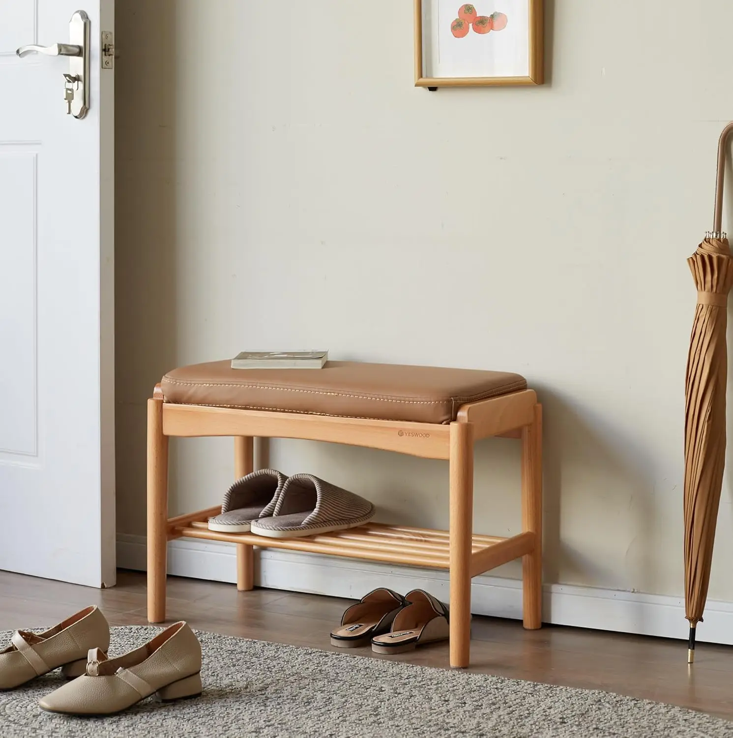Oak Wood Shoe Bench, 32 Inch Entryway Bench with Brown Leather Cushion, Customized